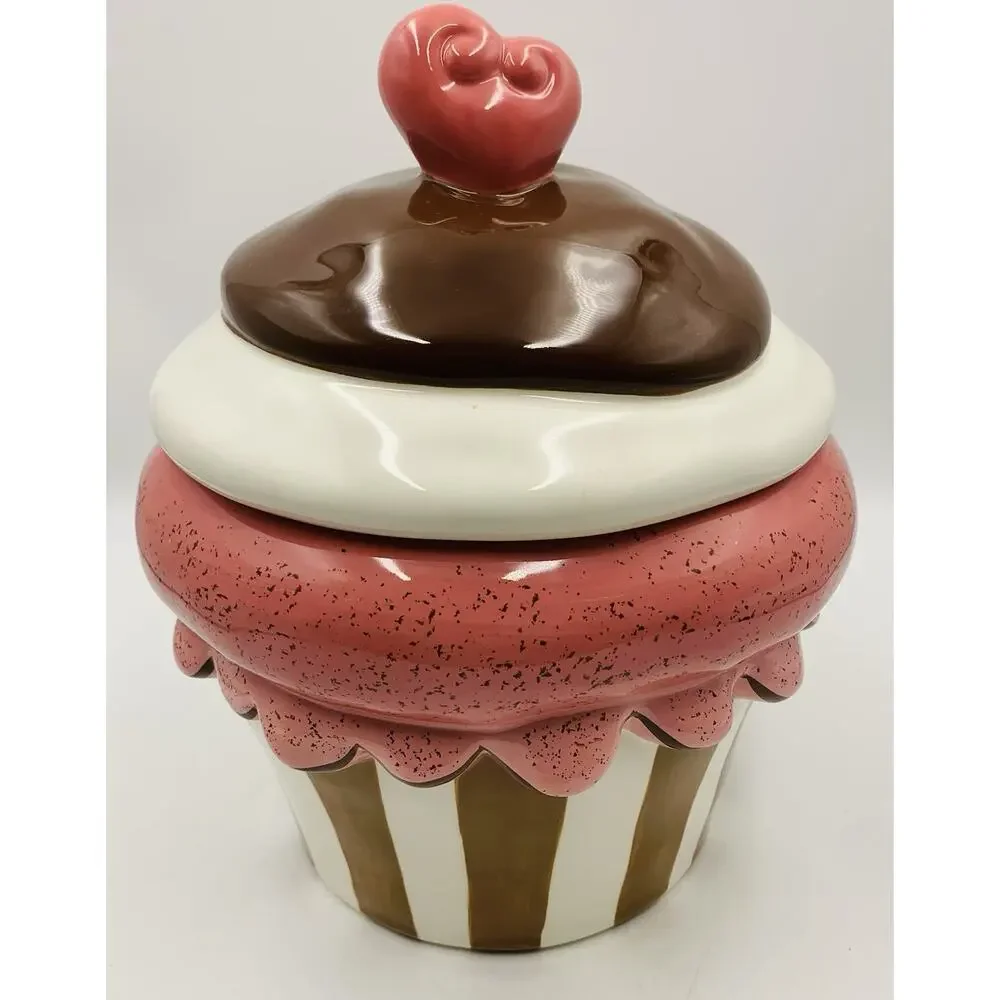 Kohls Ceramic Cupcake Cookie Jar Happy Valentines Day Pink Treat Container